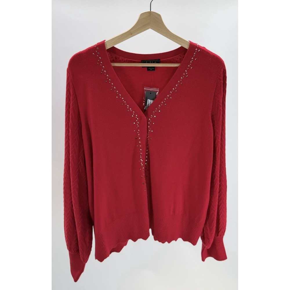 Belldini Black Label Red Open Front Sweater Cardigan Rhinestones Plus Size 2X